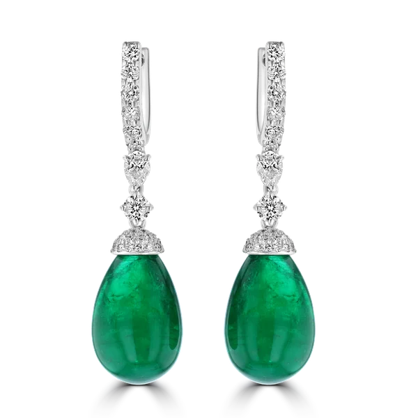 Ladies Futuristic Earrings -18K WHITE GOLD 34.35CT EMERALD & 2.02CT DIAMOND DANGLE LEVERBACK EARRINGS