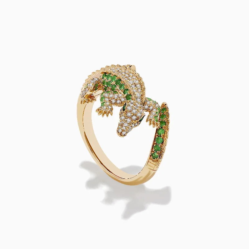 hypoallergenic women's rings -Safari 14K Yellow Gold Diamond, Tsavorite, and Emerald Crocodile Ring