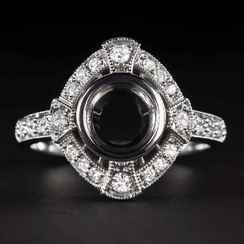 Knife Edge Engagement Rings -DIAMOND WHITE GOLD RING SETTING 7m ROUND CUT VINTAGE STYLE ENGAGEMENT MOUNT DECO