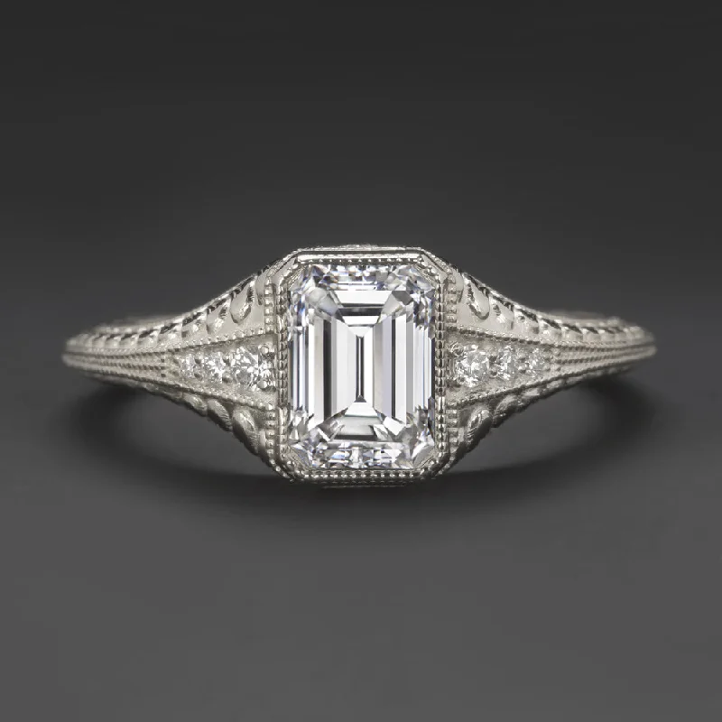 Loud Engagement Rings -1.12ct GIA CERTIFIED E VVS1 DIAMOND ENGAGEMENT RING EMERALD CUT VINTAGE STYLE