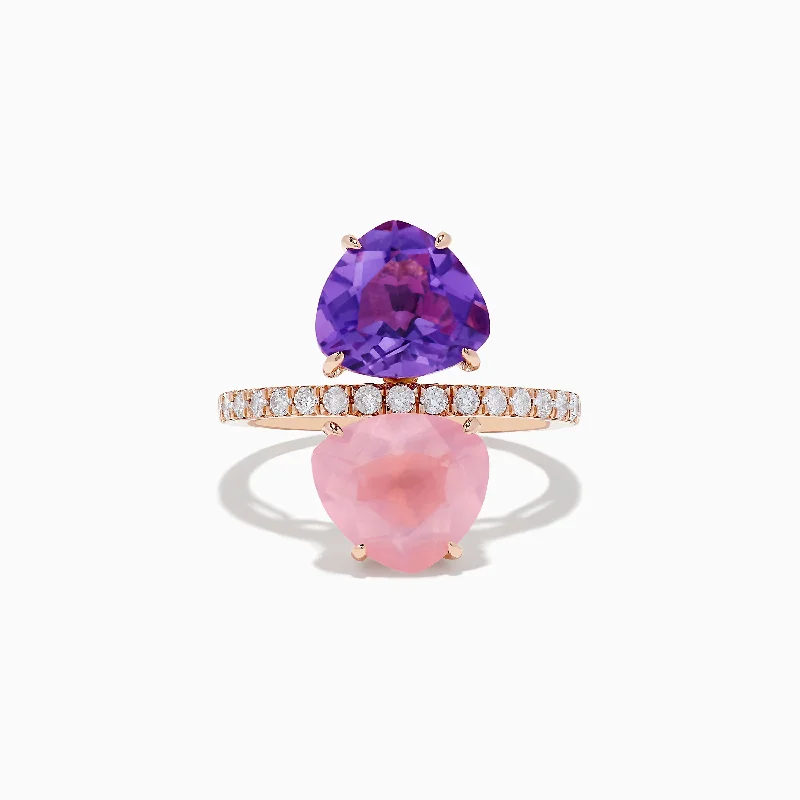 stackable women's rings -14K Rose Gold Amethyst, Rose Quartz, and Diamond Toi Et Moi Ring