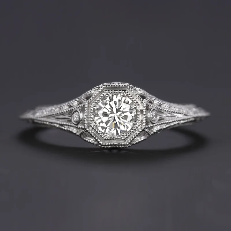 White Gold Diamond Engagement Rings -VINTAGE STYLE DIAMOND ENGAGEMENT RING 0.30ct I VS2 14k WHITE GOLD FILIGREE 1/3ct