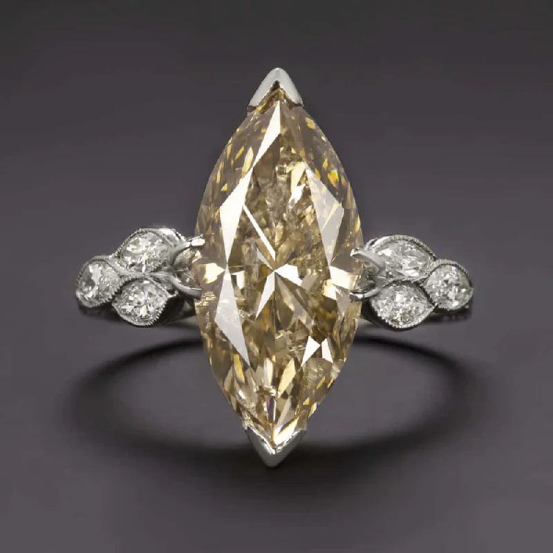 Trendy Engagement Rings -5ct GIA CERTIFIED MARQUISE DIAMOND VINTAGE ENGAGEMENT RING PLATINUM CHAMPAGNE