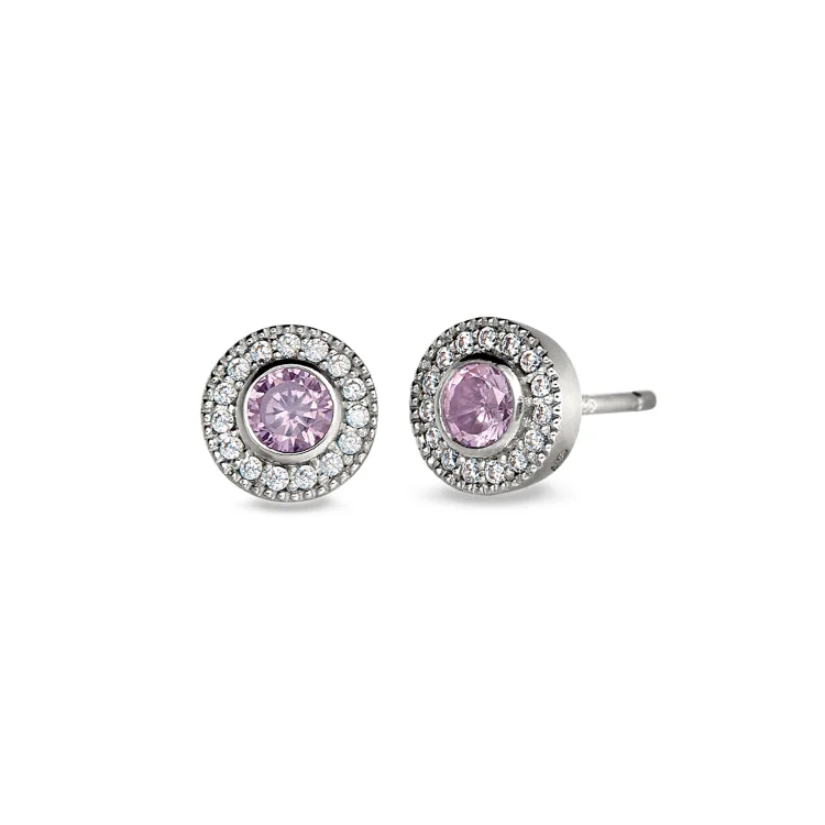 Ladies Emerald Earrings -Platinum Finish Sterling Silver Micropave Round Simulated Pink Sapphire Earrings with Simulated Diamonds