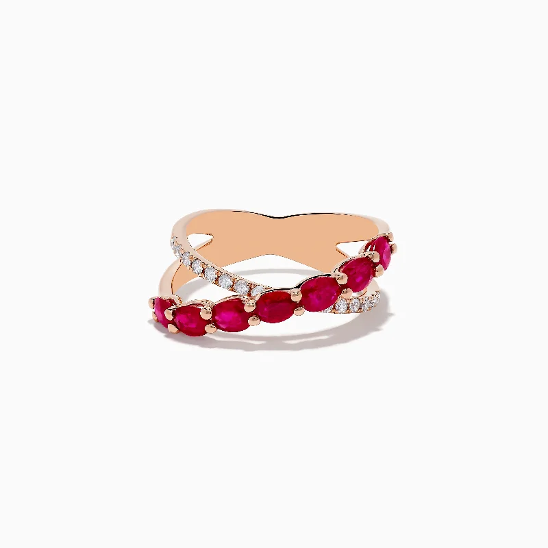 tension set women's rings -Ruby Royale 14K Rose Gold Ruby and Diamond Crossover Ring