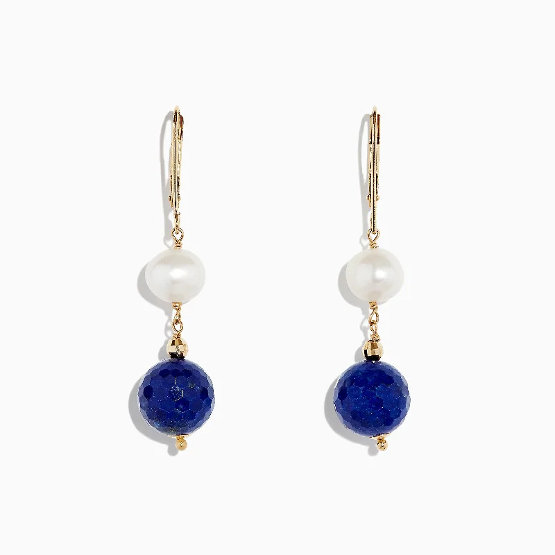 Ladies Shell Earrings -14K Yellow Gold Lapis Lazuli & Cultured Fresh Water Pearl Drop Earrings, 1.50 TCW