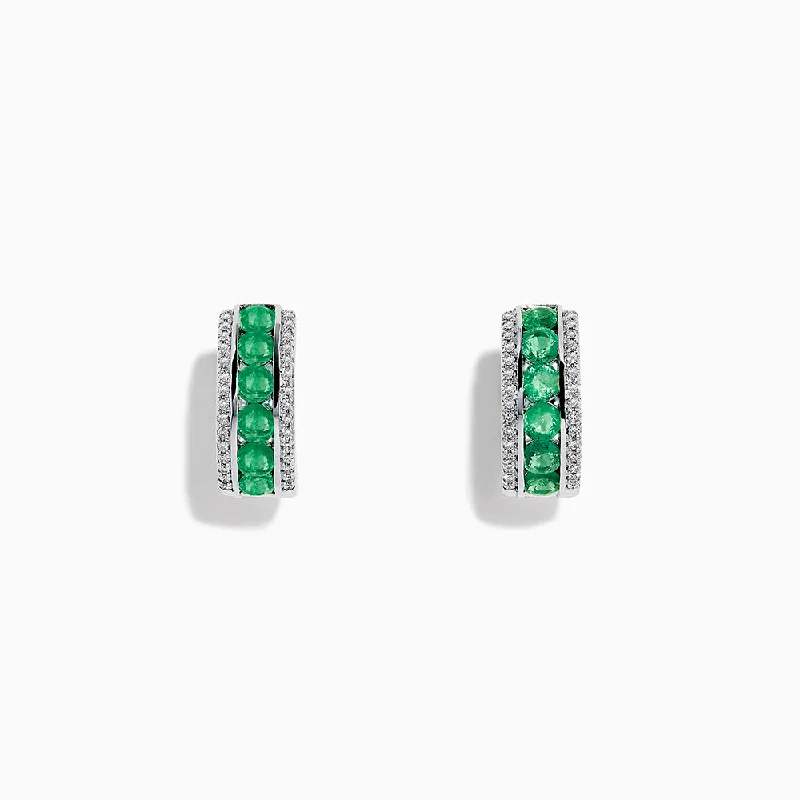 Ladies Triangle Earrings -14k White Gold Emerald and Diamond Huggie Hoop Earrings, 1.51 TCW