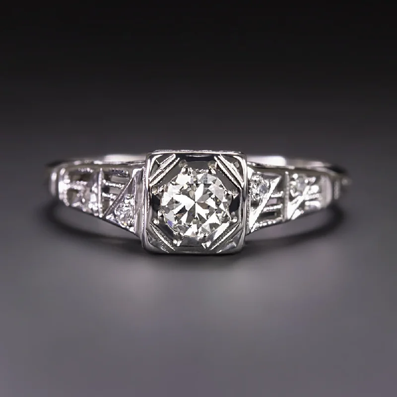 Astrology Engagement Rings -ART DECO DIAMOND ENGAGEMENT RING 18k WHITE GOLD OLD EUROPEAN CUT VINTAGE ESTATE