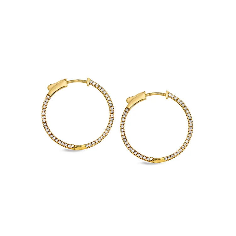 Ladies Christmas Earrings -Gold Finish Sterling Silver Micropave Side Stones Medium Hoop Earrings with Simulated Diamonds