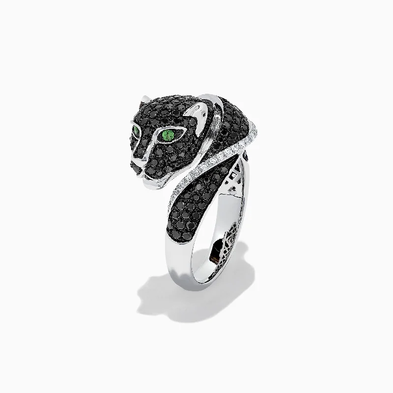 three-stone women's rings -Signature 14K White Gold Black & White Diamond Panther Ring, 1.54 TCW