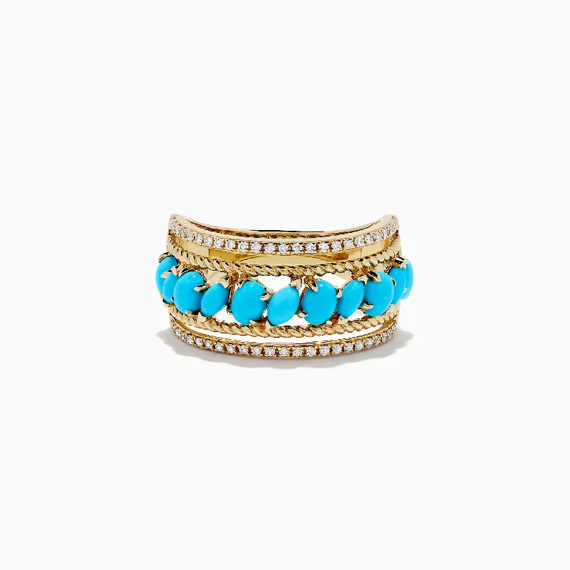 handcrafted gemstone women's rings -14K Yellow Gold Turquoise and Diamond Ring, 1.80 TCW