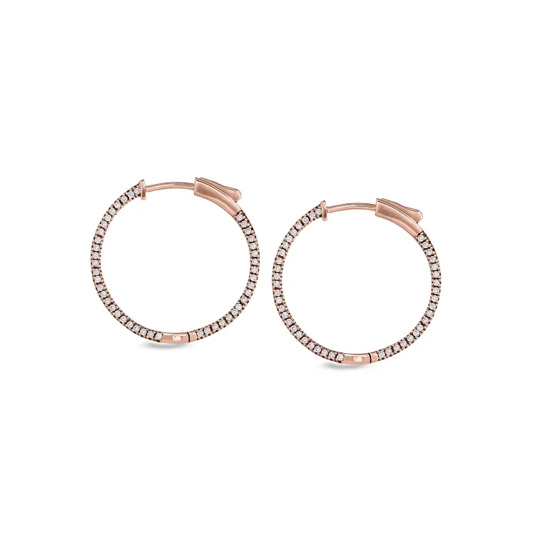 Ladies Edgy Earrings -Rose Gold Finish Sterling Silver Micropave Side Stones Medium Hoop Earrings with Simulated Diamonds