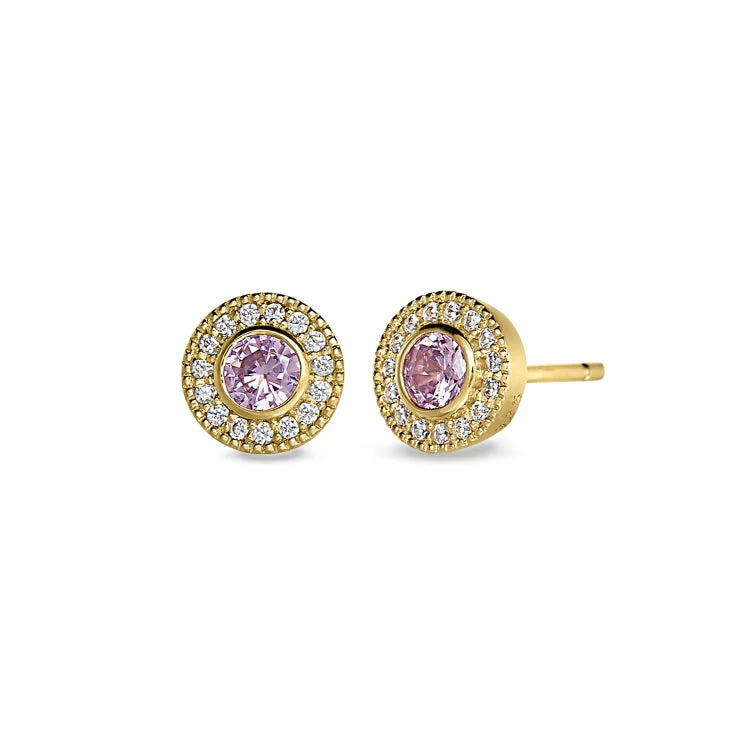 Ladies Anniversary Earrings -Gold Finish Sterling Silver Micropave Round Simulated Pink Sapphire Earrings with Simulated Diamonds