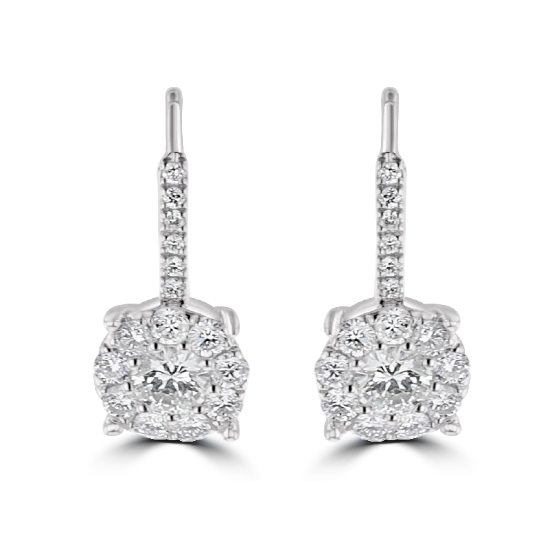 Ladies Stud Earrings -18KT WHITE GOLD 1.00 CTW DIAMOND CLUSTER DROP LEVERBACK EARRINGS