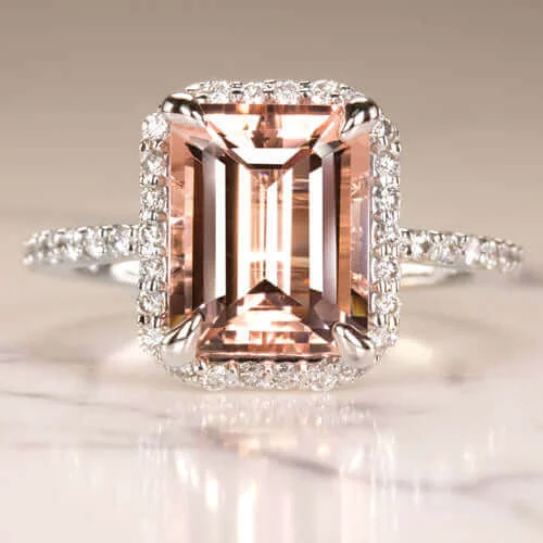 Heart Cut Engagement Rings -2.7 EMERALD CUT PEACH PINK MORGANITE 0.6 DIAMOND ENGAGEMENT RING HALO WHITE GOLD