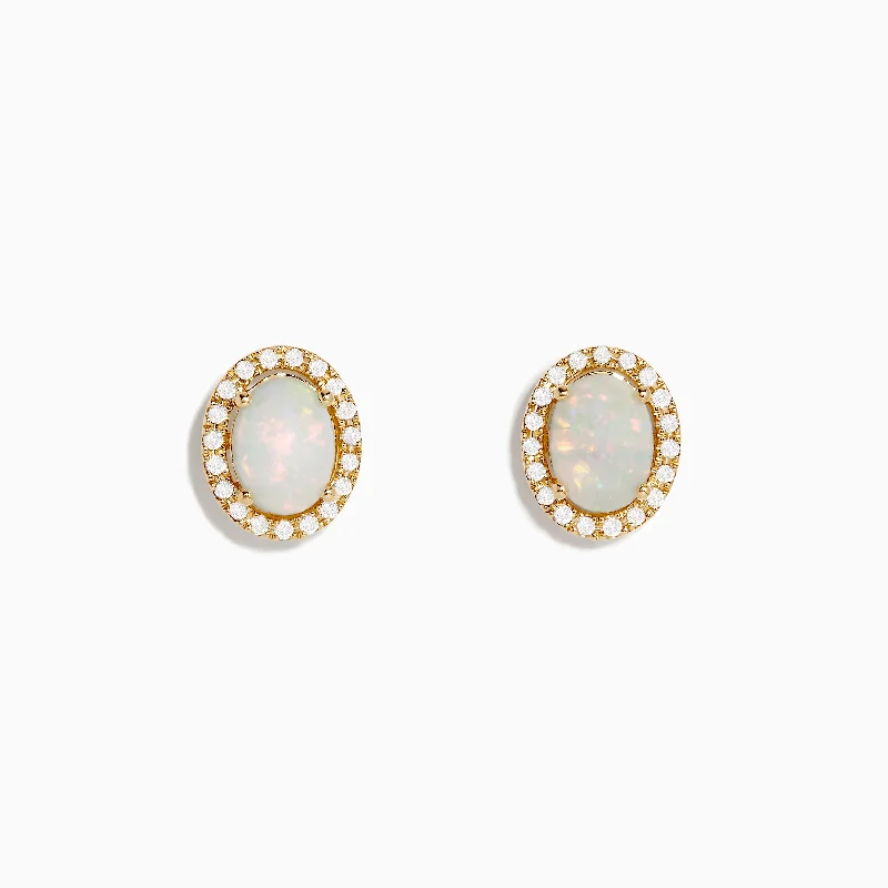 Ladies Clip-On Earrings -Aurora 14K Yellow Gold Opal and Diamond Stud Earrings