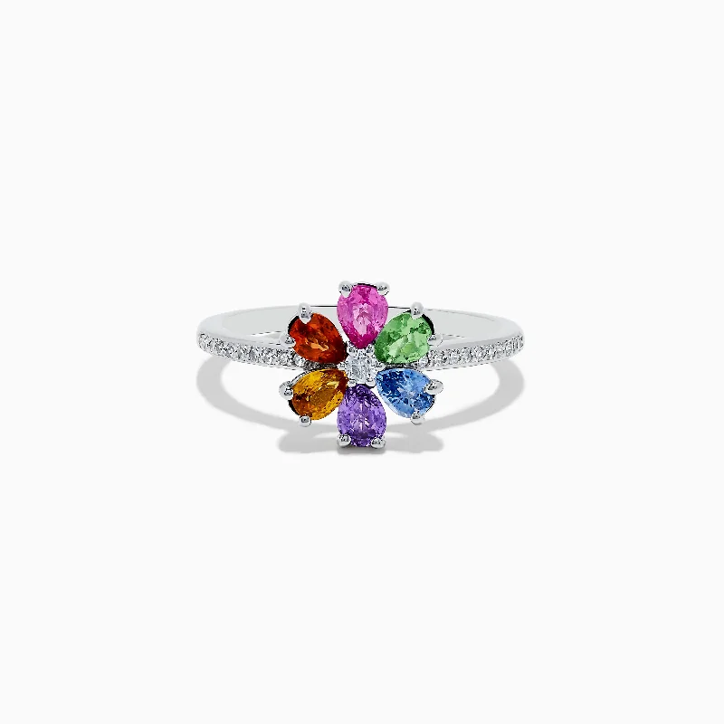 engraved women's rings -Watercolors 14K White Gold Diamond and Multi Sapphire Flower Ring