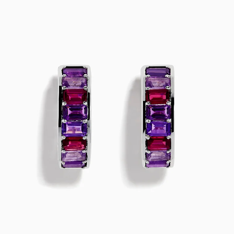 Ladies Cross Earrings -925 Sterling Silver Amethyst and Rhodolite Huggie Hoop Earrings