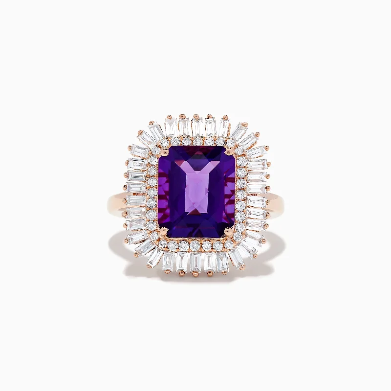 delicate women's rings -14K Rose Gold Amethyst and Diamond Cocktail Ring