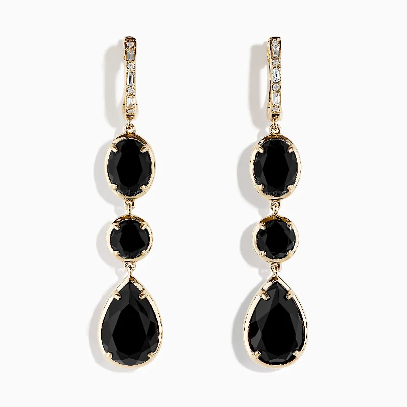 Ladies Zodiac Earrings -14K Yellow Gold Onyx and Diamond Drop Earrings