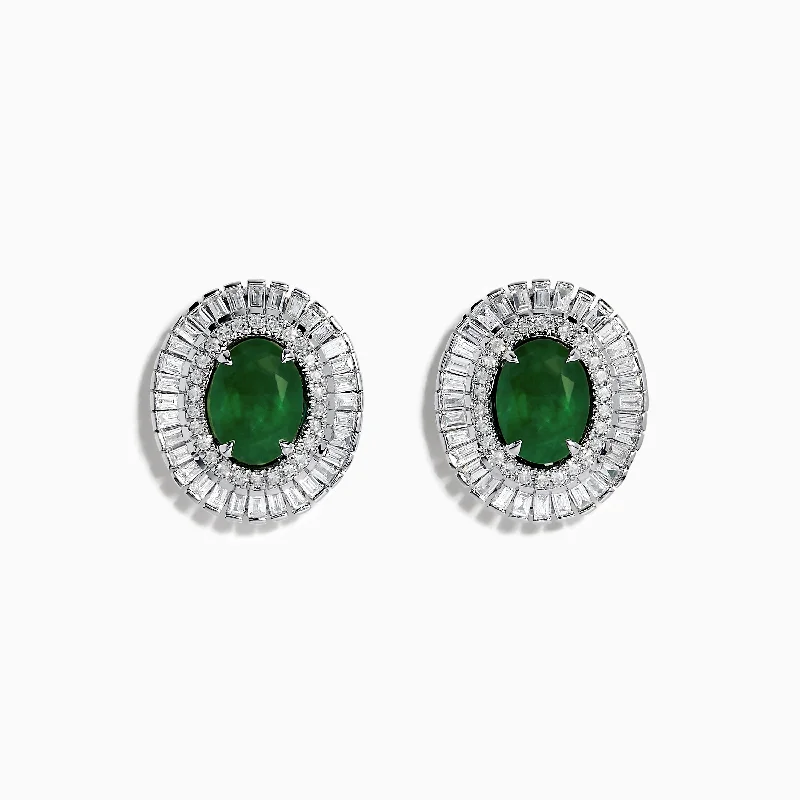 Ladies Symmetrical Earrings -14K White Gold Emerald and Diamond Stud Earrings