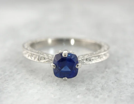 Abstract Engagement Rings -Vintage Palladium Engagement Ring with Cushion Cut Blue Sapphire