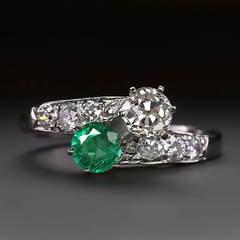 Rose Gold Engagement Rings -VINTAGE DIAMOND EMERALD TOI ET MOI RING OLD MINE CUT PLATINUM ENGAGEMENT 1.5ct