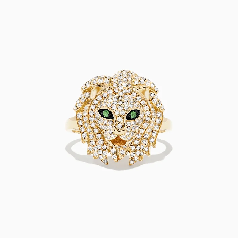 interlocking women's rings -Safari 14K Yellow Gold Diamond and Tsavorite Lion Head Ring, 0.69 TCW