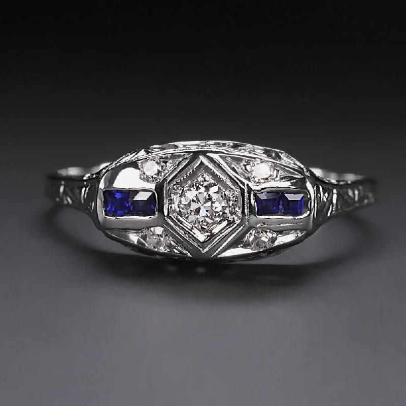 Asymmetrical Engagement Rings -ART DECO DIAMOND SAPPHIRE ENGAGEMENT RING VINTAGE 18K WHITE GOLD FILIGREE 1920s