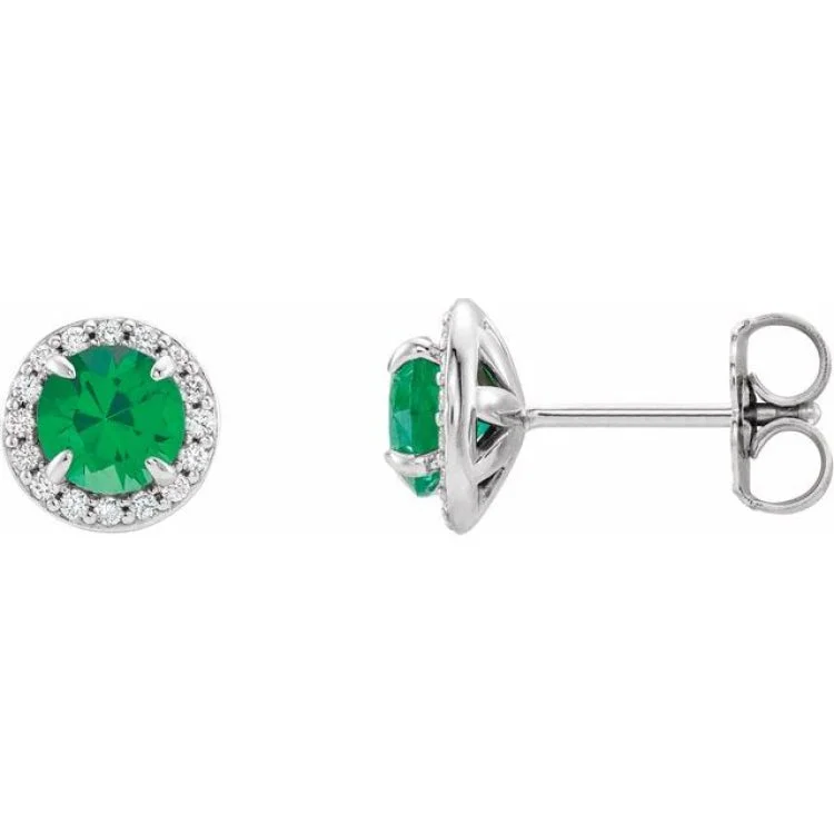 Ladies Vibrant Earrings -14K White 4 mm Lab-Grown Emerald & 1/10 CTW Natural Diamond Earrings