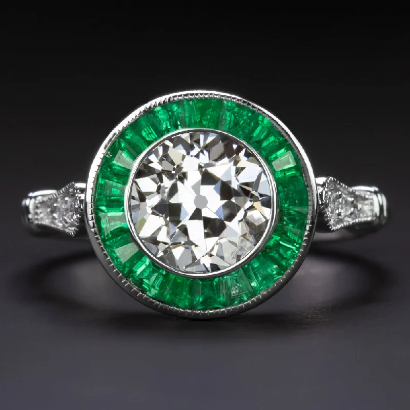 Name Engagement Rings -1.68ct CERT OLD EURO CUT DIAMOND ENGAGEMENT RING EMERALD VINTAGE STYLE ART DECO