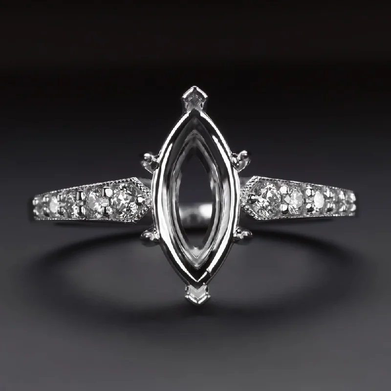 Conflict-Free Engagement Rings -MARQUISE SHAPE DIAMOND RING SETTING VINTAGE STYLE WHITE GOLD ENGAGEMENT MOUNT