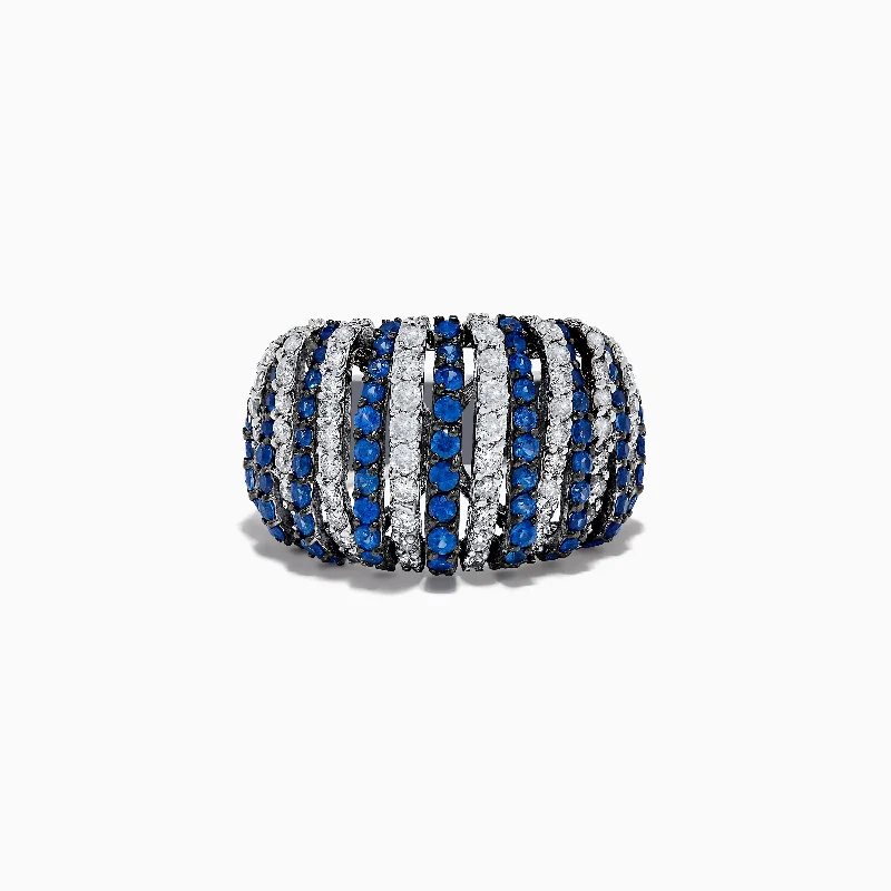 designer women's rings -14K White Gold Blue Sapphire and Diamond Striped Ring