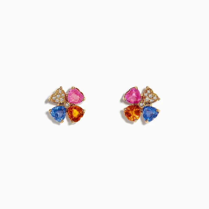 Ladies Engraved Earrings -14K Yellow Gold Multi Sapphire and Diamond Flower Earrings