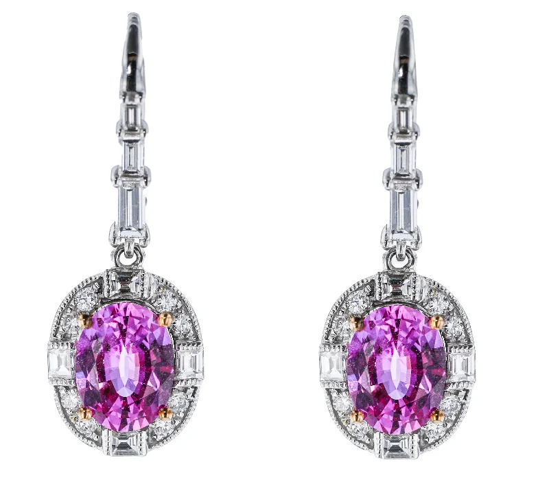 Ladies Fashion Earrings -JULEVE 18KT WHITE GOLD 3.74CT PINK SAPPHIRE & 1.10CTW DIAMOND HALO EARRINGS