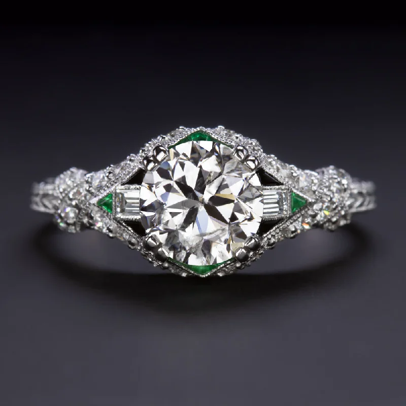 Faith Engagement Rings -1.21ct ROUND BRILLIANT CUT DIAMOND ENGAGEMENT RING VINTAGE STYLE EMERALD ONYX