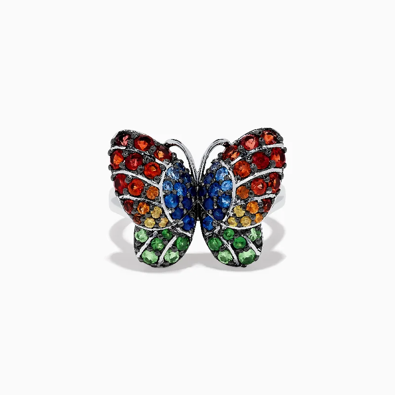 aquamarine women's rings -Nature Sterling Silver Multi Sapphires Butterfly Ring