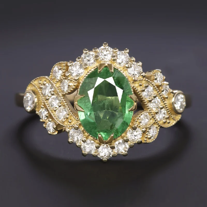 Architectural Engagement Rings -1.47ctw EMERALD DIAMOND VINTAGE STYLE COCKTAIL RING OVAL CUT ENGAGEMENT NATURAL