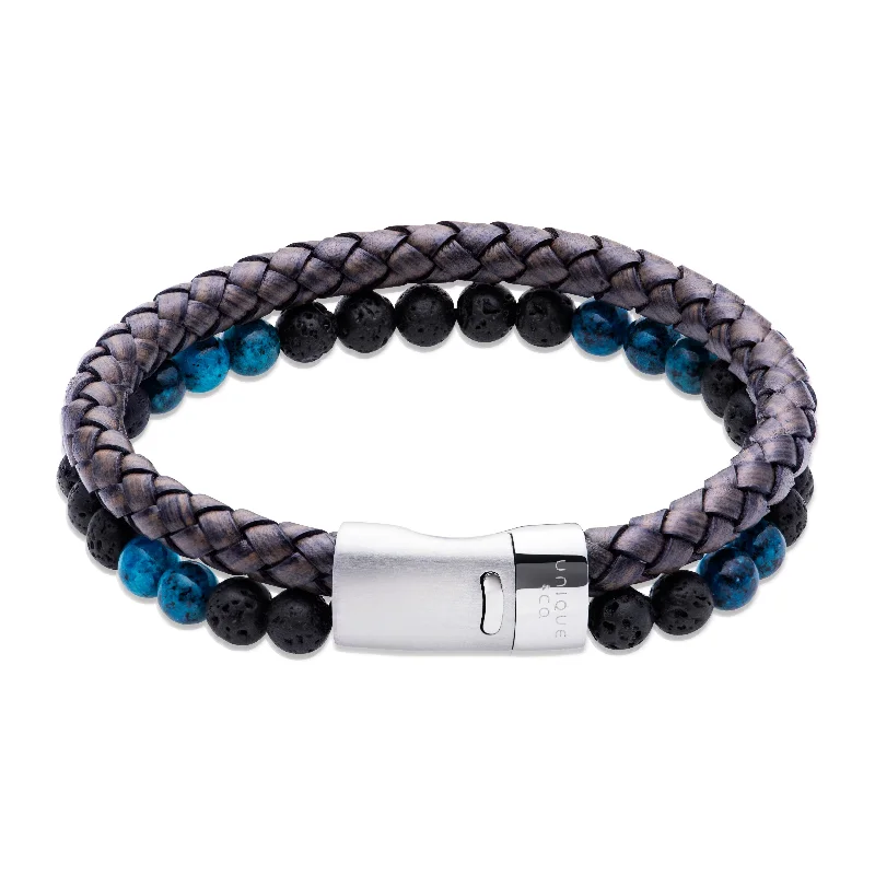 Ladies Bracelets Classic Look-Unique & Co Lava Stone and Turquoise Bead Black Leather Bracelet