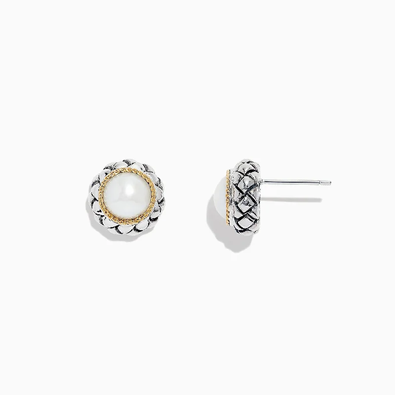 Ladies Wedding Earrings -925 Sterling Silver & 18K Yellow Gold Cultured Fresh Water Pearl Stud Earrings