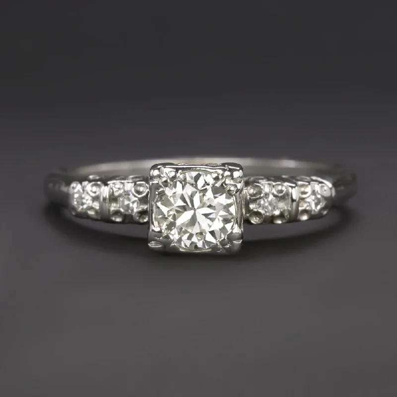 Lab-Grown Engagement Rings -VINTAGE DIAMOND ENGAGEMENT RING OLD TRANSITIONAL CUT WHITE GOLD CLASSIC 0.39ct