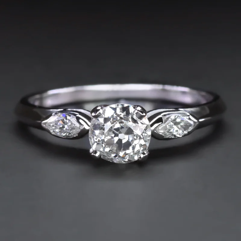 High-End Engagement Rings -VINTAGE DIAMOND ENGAGEMENT RING 0.61ct OLD EUROPEAN CUT 18k WHITE GOLD MARQUISE