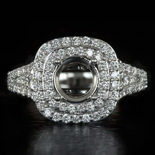 Platinum Engagement Rings -1.25ct DIAMONDS ROUND CUSHION CUT SEMI-MOUNT SETTING ENGAGEMENT RING 2 ROW HALO