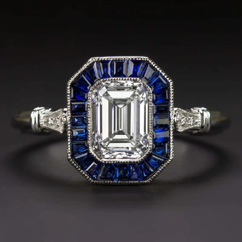 Vine Engagement Rings -1.20c GIA CERT H VVS2 DIAMOND ENGAGEMENT RING VINTAGE STYLE SAPPHIRE EMERALD CUT