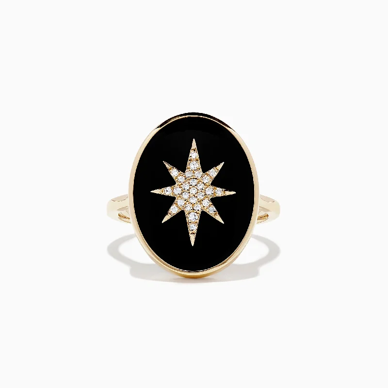 petite women's rings -Novelty 14K Yellow Gold Onyx and Diamond Star Coin Ring, 7.38 TCW