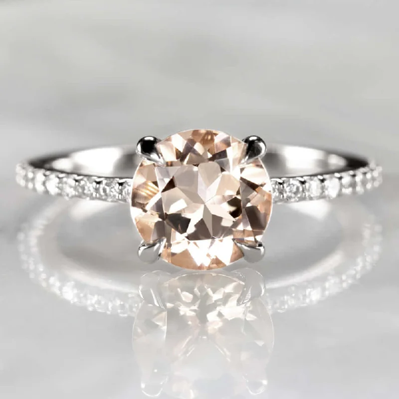 Birthstone Engagement Rings -ROUND 1.7ct PEACH MORGANITE 8MM NATURAL DIAMOND ENGAGEMENT RING WHITE GOLD PAVE