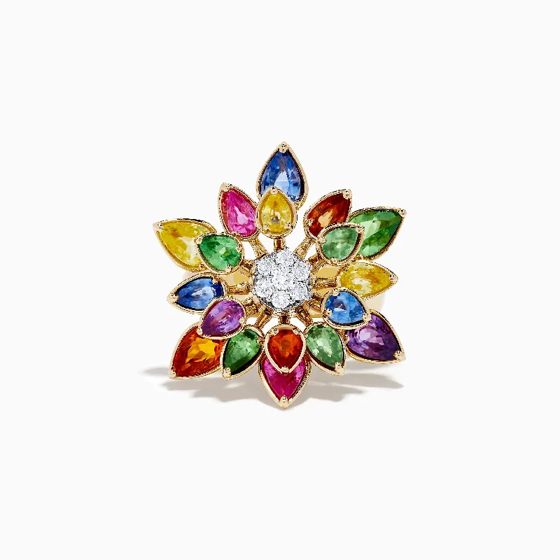 marquise-cut women's rings -Watercolors 14K Two-Tone Multi Sapphire Moving Petals Flower Ring