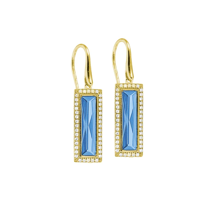 Ladies Threader Earrings -Gold Finish Sterling Silver Earrings with Rectangular Simulated Blue Topaz Stones and Simulated Diamonds