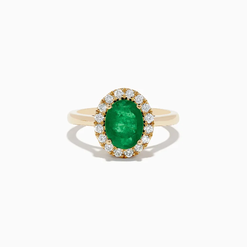 pave set women's rings -14K Yellow Gold Emerald and Diamond Ring