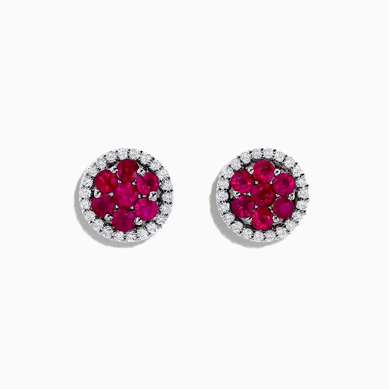 Ladies Fantasy Earrings -18K White Gold Ruby and Diamond Stud Earrings, 1.76 TCW